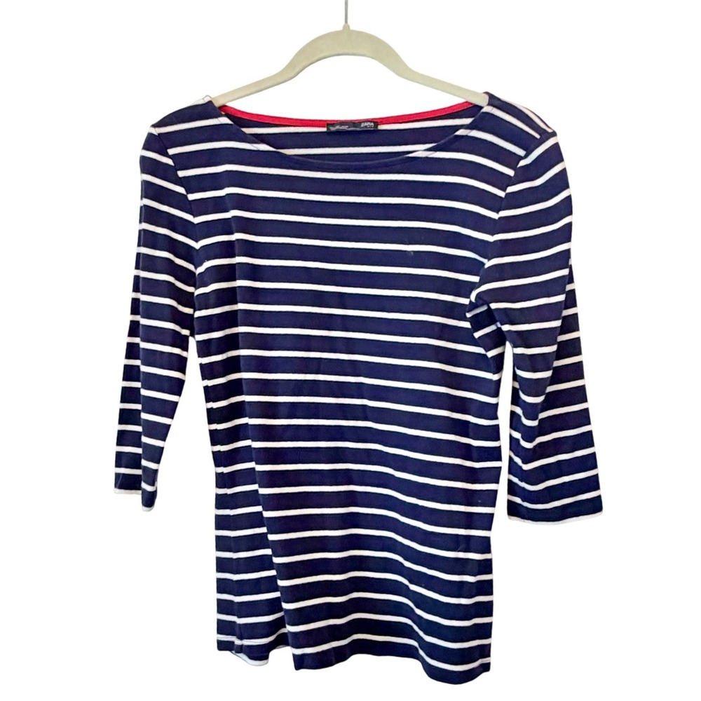 Zara Womens Navy White Striped Boat Neck 3/4 Sleeve Top Size L Coastal Nautical
